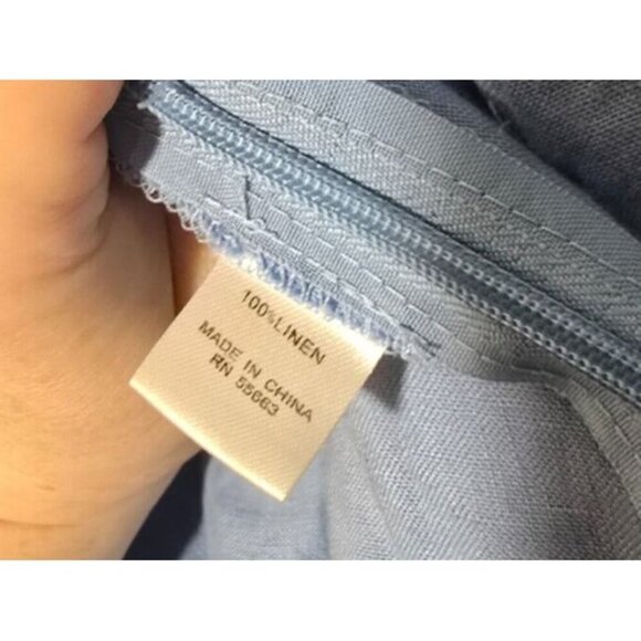 For Cynthia Linen Blouse L Blue Cropped Tie Waste Buttons Ruffles Bell Sleeve - Picture 3 of 12